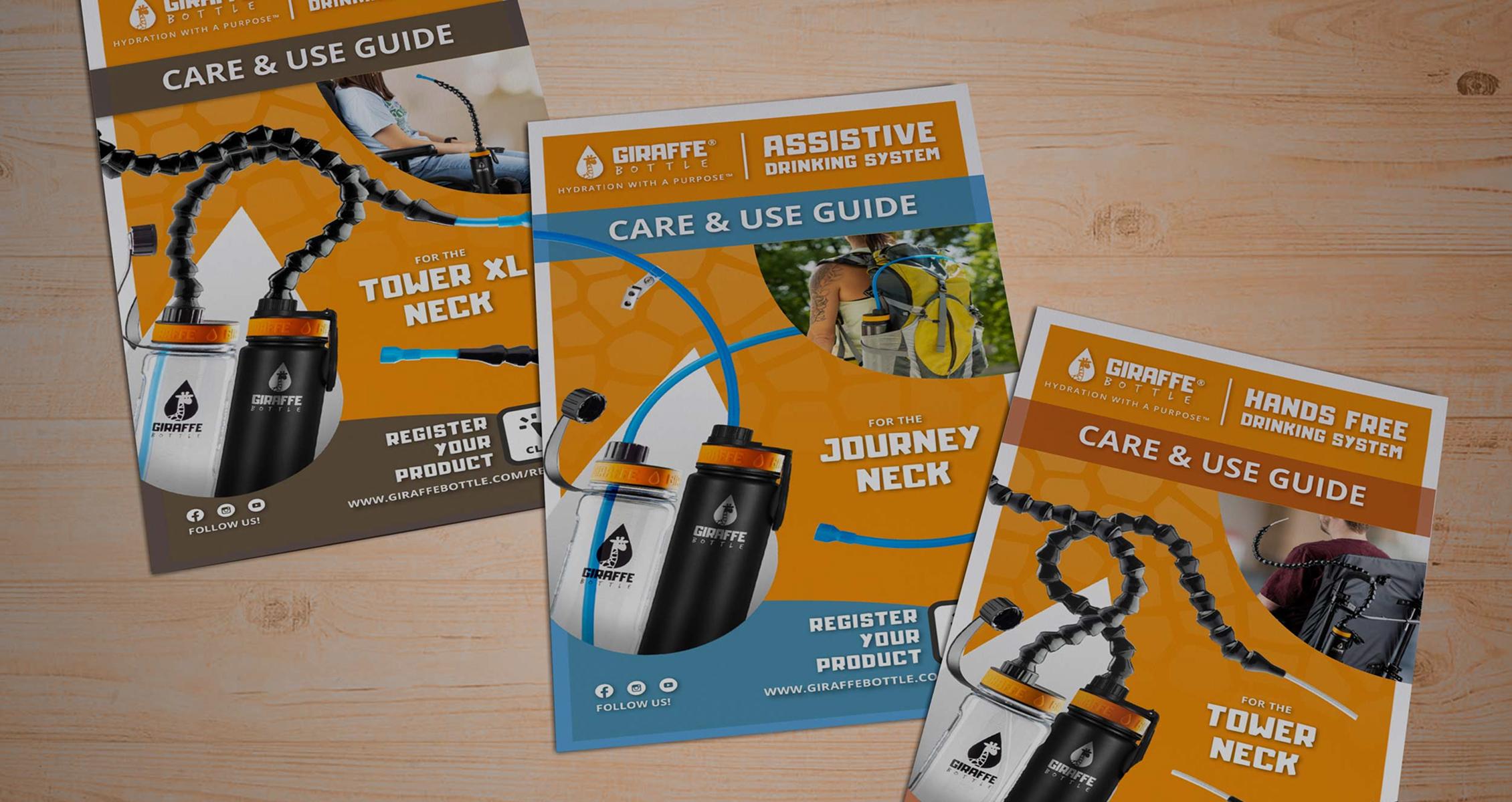 Giraffe Bottle Care and Use guide brochures laying flat on a table