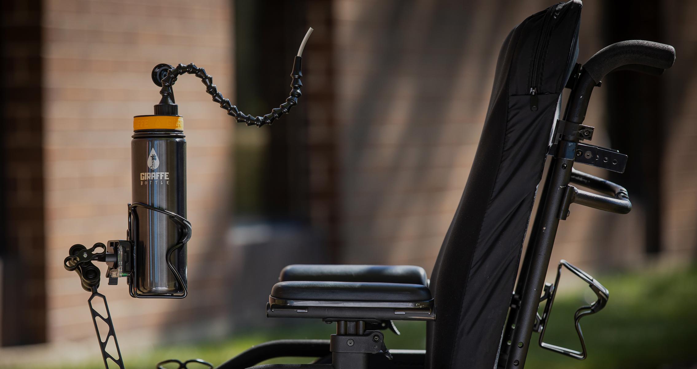 Giraffe Bottle mounted on a quantum powerchair